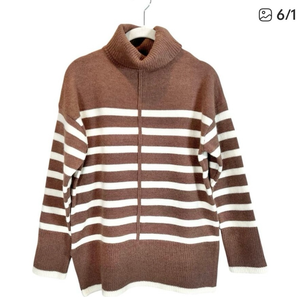 Line and Dot for Evereve tan and cream striped turtleneck sweater. NWT.